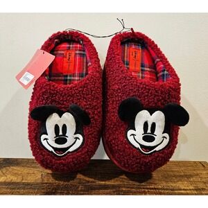Disney Forever 21 Mickey Mouse Burgundy Sherpa Platform Slippers Red Plaid Small